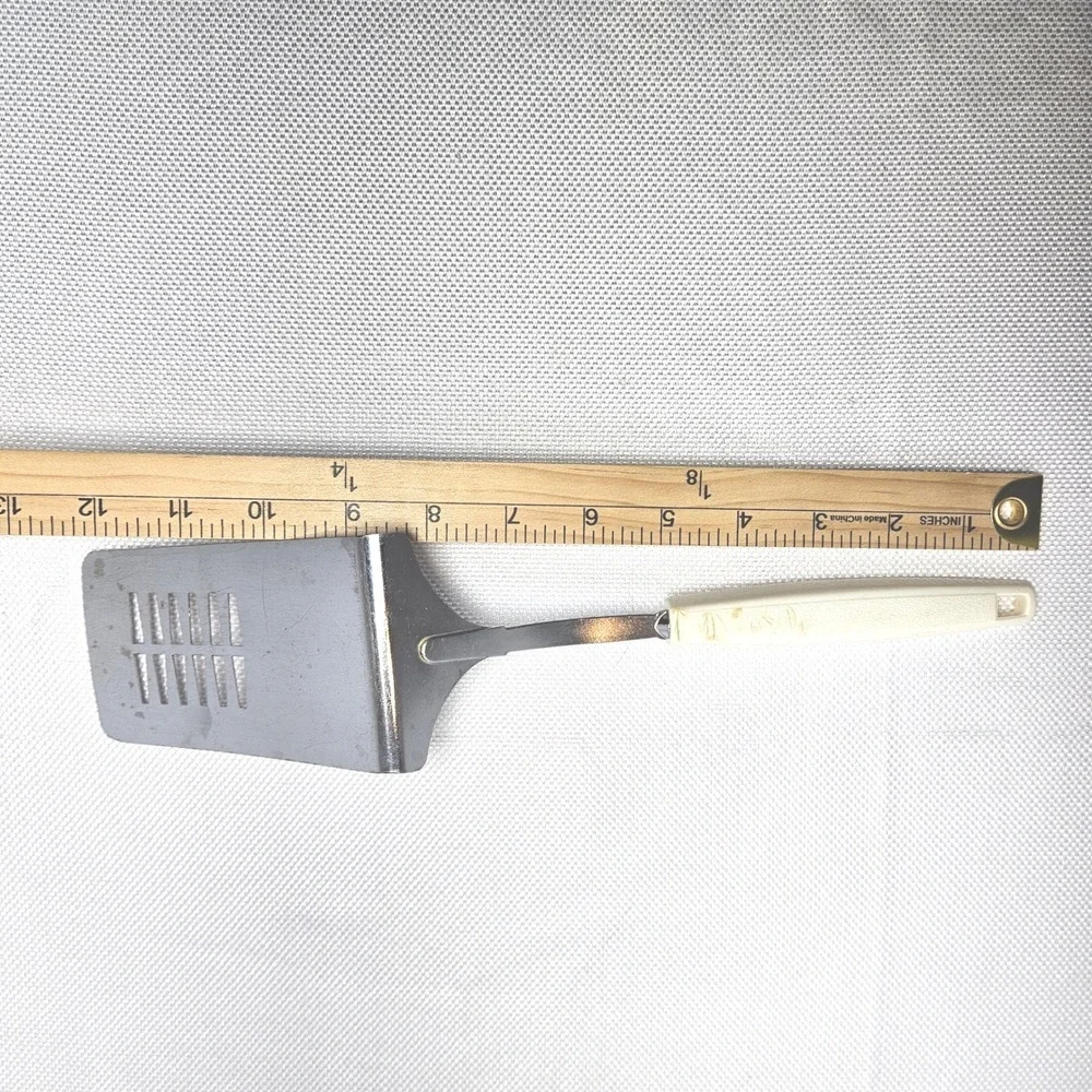 Vintage EKCO Slotted Spatula Turner Stainless Steel Off White Handle Made in USA